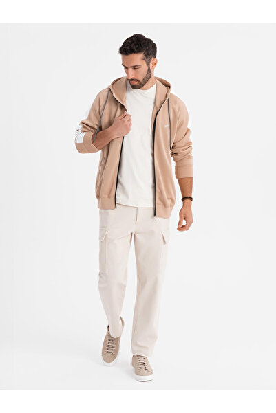 OMBRE Unzipped men's hooded sweatshirt with piping - beige V4 OM-SSZP-0210 XXL