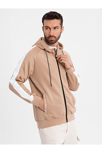 OMBRE Unzipped men's hooded sweatshirt with piping - beige V4 OM-SSZP-0210 XXL
