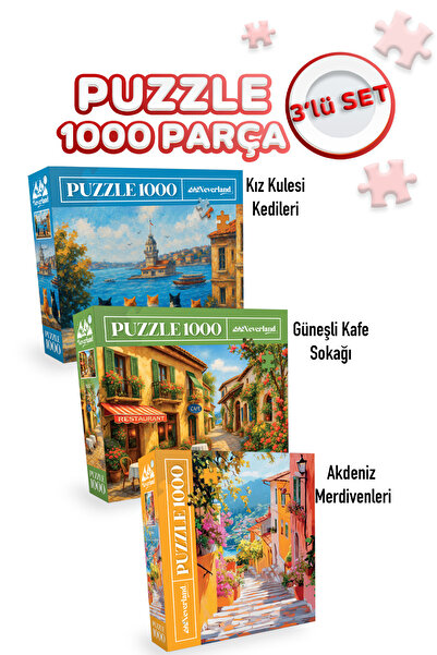 Neverland 3 ADET 1000 PARÇA PUZZLE - KIZ KULESİ KEDİLERİ VE AKDENİZ MERDİVENL...