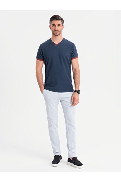 OMBRE Pánské tričko s kontrastními vsadkami a výstřihem do V - tmavě modré V1 OM-TSCT-0198 XXL