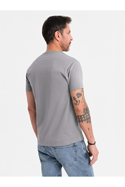 OMBRE Men's t-shirt with button neckline and suede trim - grey V3 OM-TSCT-0206 L