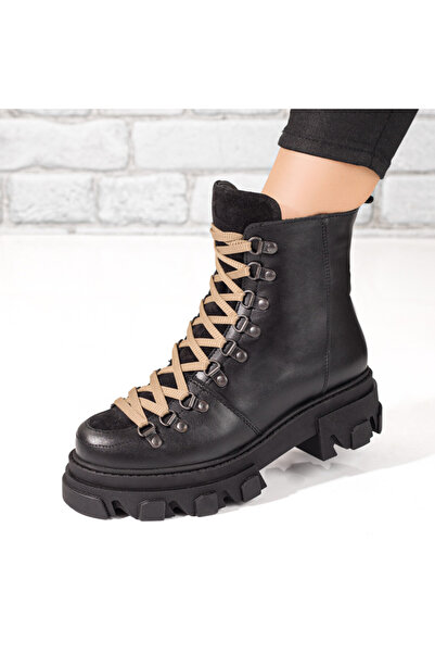 Modlet.ro Ghete negre de damă cu șireturi și talpă groasă din piele MOD10118