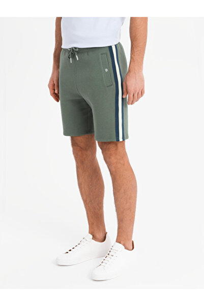 OMBRE Ανδρικό σορτς φόρμας με ριγέ τελείωμα και κορδόνι στη μέση - λαδί V2 OM-SRSK-0156 XL