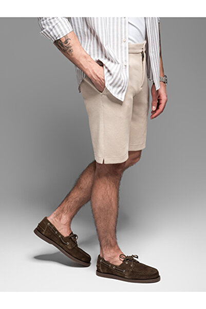 OMBRE Pánské kraťasy SLIM FIT z melanžového strukturovaného úpletu - písková V3 OM-SRCS-0166 M