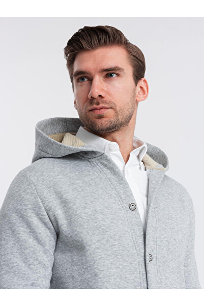 OMBRE Pánská mikina s kapucí na knoflíky - šedá melanž V2 OM-SSZP-0186 XXL