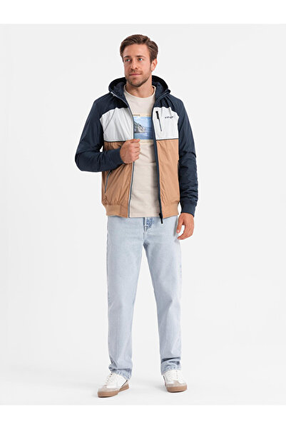 OMBRE Lightweight colorful men's sports jacket with fleece - brown and navy blue V1 OM-JANP-0194