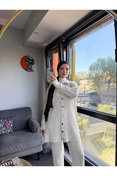 MODA Κομψό πλεκτό σετ με διπλό θυμιαματικό καλύμματος με πλήρη κορδόνια - Πέτρα