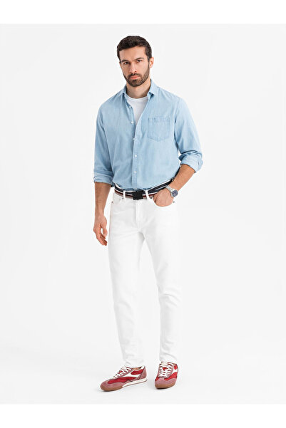 OMBRE Cămașă bărbătească din denim cu buzunar brodat - albastru deschis V1 OM-SHDS-0181 S