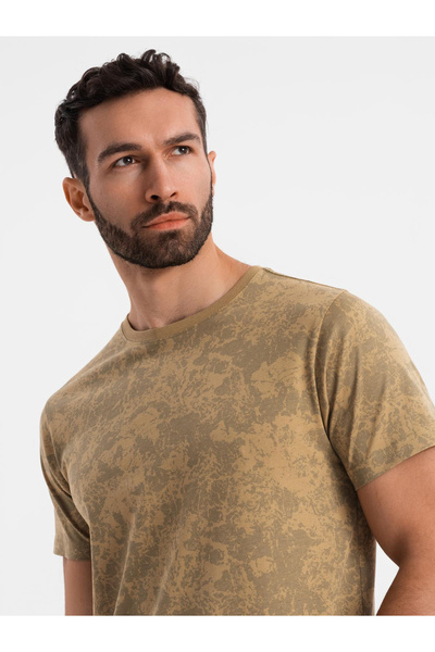 OMBRE Ανδρικό βαμβακερό κοντομάνικο μπλουζάκι με σχέδια - λαδί V3 OM-TSFP-0223 M
