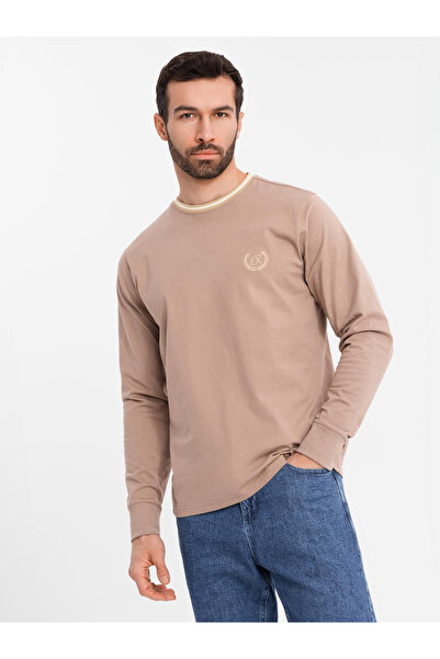 OMBRE Pánské bavlněné tričko s dlouhým rukávem, pruhovaným výstřihem do U a výšivkou - hnědé V6 OM-LSCL-0128 XL