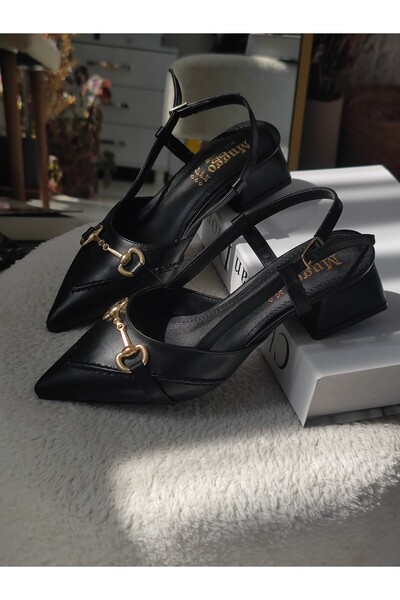 MUGGO Elvia Pointed Toe Open Back Women's Low Heel Shoes with Metal Accessories