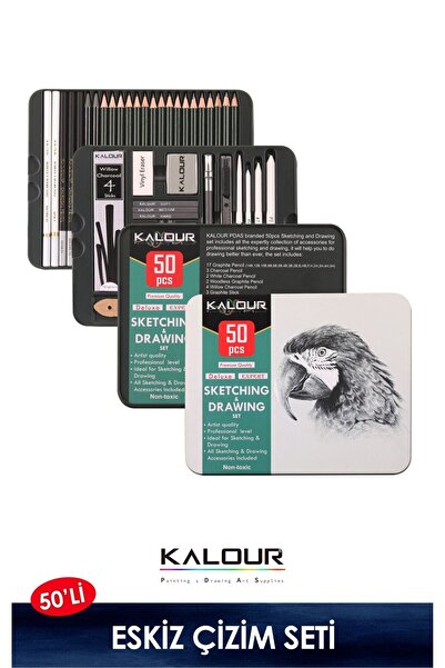 kalour Eskiz Karakalem Çizim Seti 50 Parça, Metal Kutulu (Defter Hediyeli)