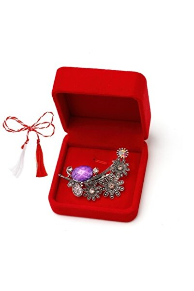 OEM Martisor brosa 3 flori cu marcasite in cutie de catifea, mov