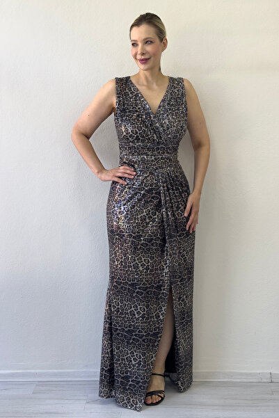 zks grup tekstil Women's Double Breasted Neckline Sequin Zero Sleeve Slit Mermaid Evening Dress Black, Mink, Burgundy, Beige, Leopard