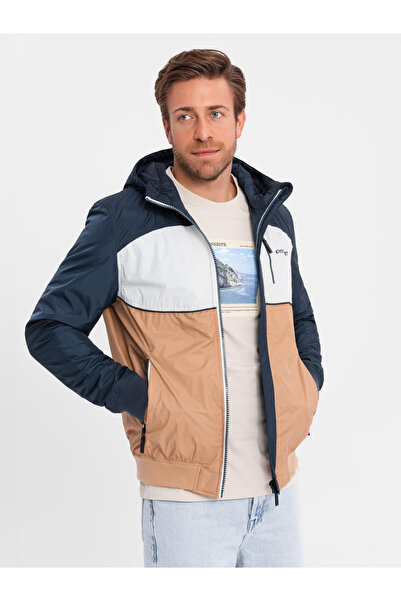 OMBRE Lightweight colorful men's sports jacket with fleece - brown and navy blue V1 OM-JANP-0194