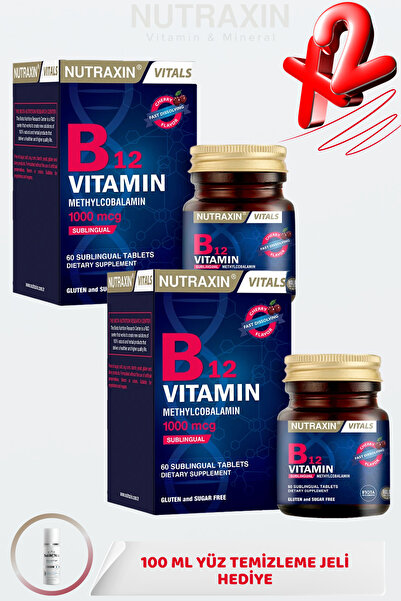 Nutraxin B12 Vitamin 1000 Mcg Kiraz Aromalı 60 Dilaltı Tablet ( 2ADET) + 100 Ml Yüz Temizleme Jeli HEDİYE