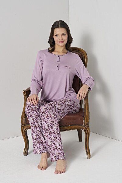 Pijadore Women's Plus Size Lilac Floral Print Button down Collar Long Sleeve Pajama Set C0T1N91