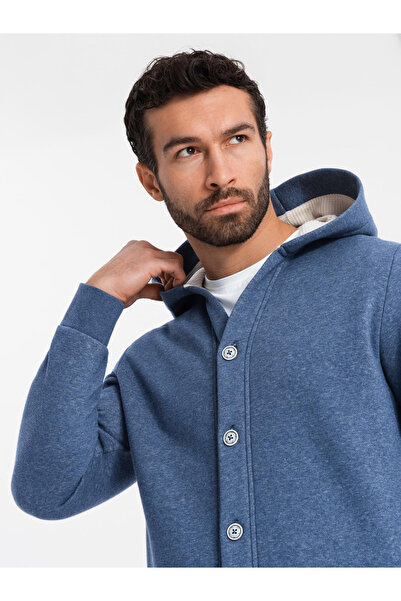 OMBRE Pánská mikina s kapucí na knoflíky - tmavě modrá melanž V1 OM-SSZP-0186 XL