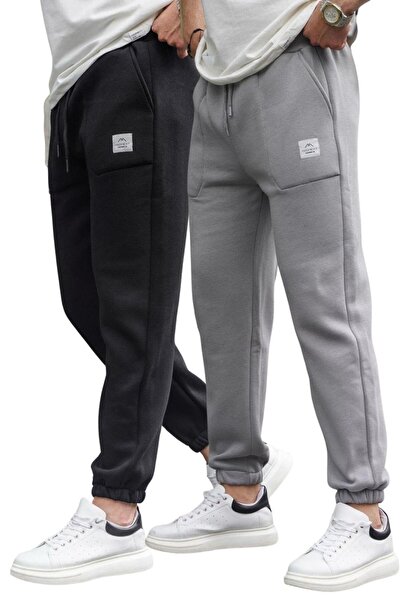 Madmext Siyah/Boyalı Gri Cepli Jogger Erkek 2'Li Paket Eşofman Altı E7445