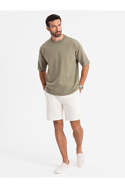 OMBRE Ανδρικό βαμβακερό μπλουζάκι LOOSE FIT με στρογγυλή λαιμόκοψη - χακί V8 OM-TSBC-0234 XXL