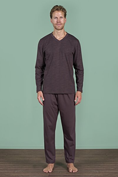Pijadore Ανδρικό σετ πιτζάμες με μακρυμάνικο καφέ λαιμόκοψη C2T3N91
