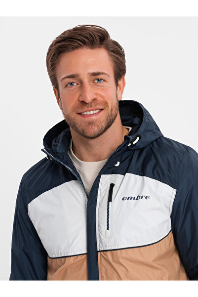 OMBRE Lightweight colorful men's sports jacket with fleece - brown and navy blue V1 OM-JANP-0194