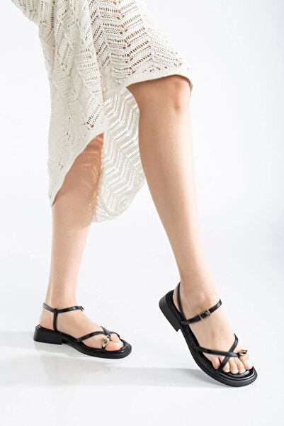 Ethab Ticaret Nordi Black Leather Belted Sandals