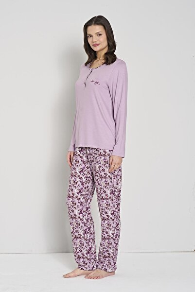 Pijadore Women's Plus Size Lilac Floral Print Button down Collar Long Sleeve Pajama Set C0T1N91