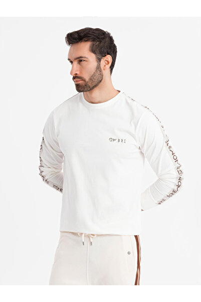 OMBRE Ανδρικό βαμβακερό μακρυμάνικο μπλουζάκι με λαιμόκοψη U, ριγέ σχέδιο και τύπωμα στο στήθος - λευκό V3 OM-LSCL-0127 M