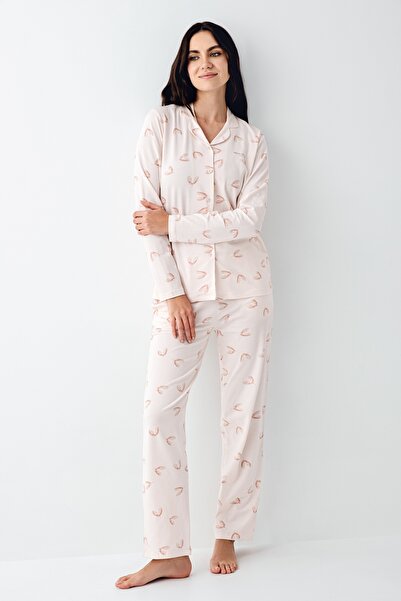 Pierre Cardin Kadın Toz Pembe Desenli Düğmeli Uzun Kol Gömlek Pijama Takımı