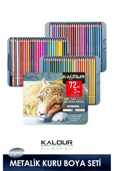 kalour Metalik Kuru Boya Kalem Seti 72 Renk, Metal Kutulu (Defter+Blender Kal...