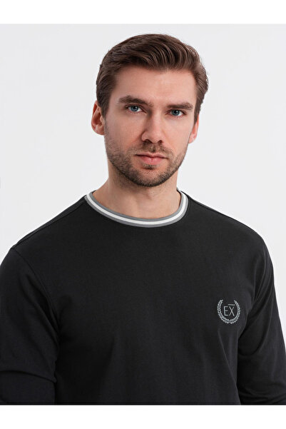 OMBRE Ανδρικό βαμβακερό μακρυμάνικο με ριγέ λαιμόκοψη σε σχήμα U και κέντημα - μαύρο V4 OM-LSCL-0128 S