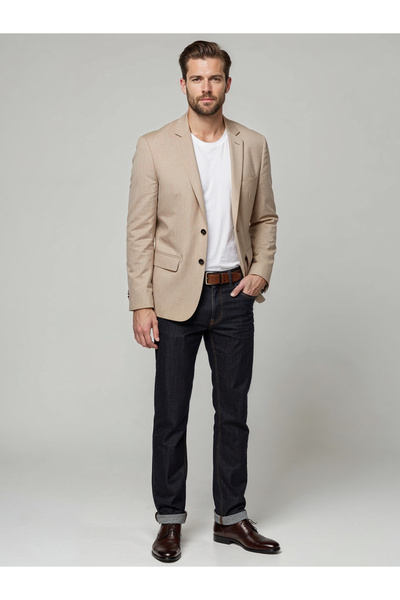 OMBRE Κομψό ανδρικό μπουφάν SLIM FIT με ρεγιόν - μπεζ V2 OM-BLZB-0135 S