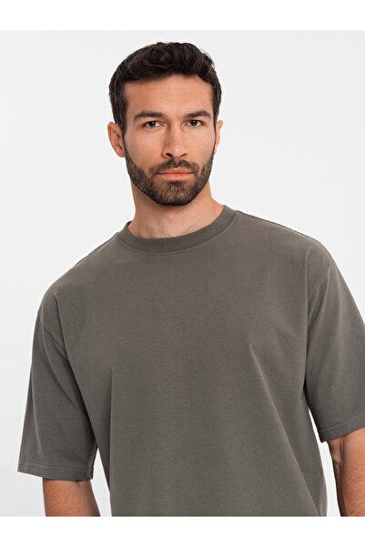 OMBRE Ανδρικό βαμβακερό μπλουζάκι LOOSE FIT με στρογγυλή λαιμόκοψη - σκούρο λαδί V7 OM-TSBC-0234 M