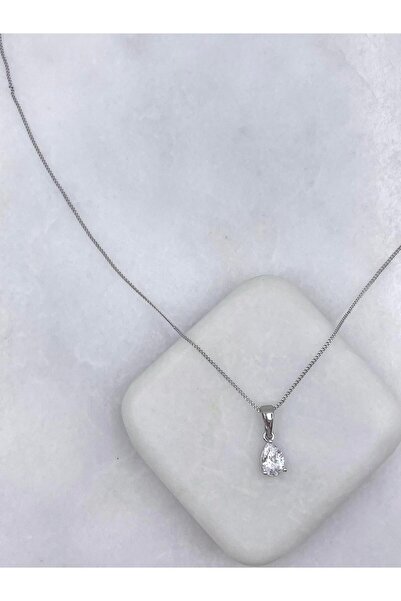 Seda Bijuteri Özel Seri Kristal Taşlı Damla Kolye 45 cm Gümüş