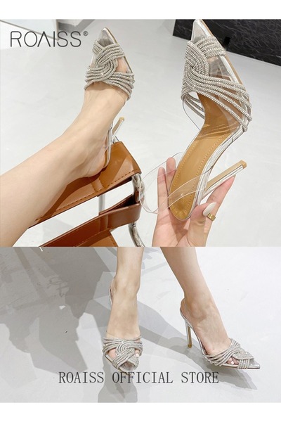 ROAISS Women Rhinestone Decor Stiletto Heeled Pumps Elegant Banquet Slingback Pumps Ladies Pvc Fashion Shin