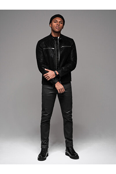 OMBRE Ανδρικό παντελόνι SLIM FIT από κερωμένο τζιν - μαύρο V3 OM-PADP-0149 S