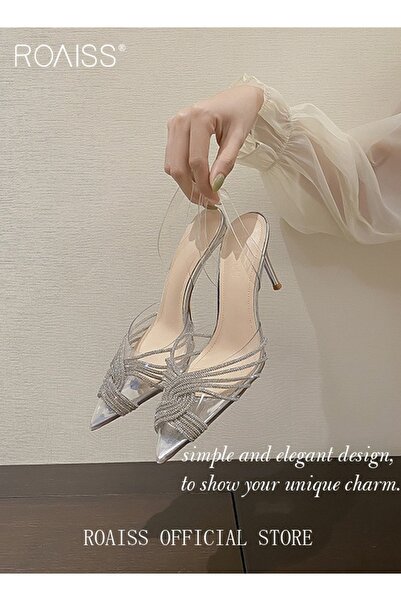 ROAISS Women Rhinestone Decor Stiletto Heeled Pumps Elegant Banquet Slingback Pumps Ladies Pvc Fashion Shin