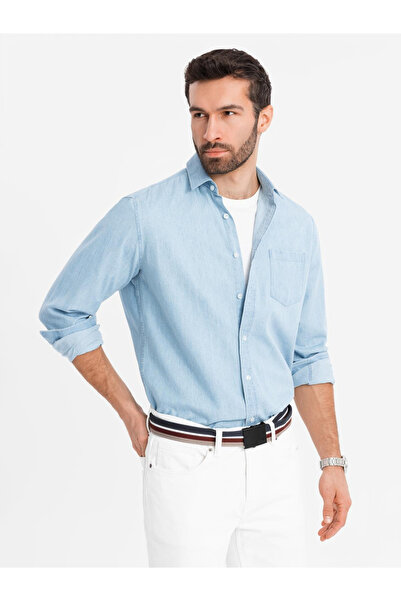 OMBRE Cămașă bărbătească din denim cu buzunar brodat - albastru deschis V1 OM-SHDS-0181 S