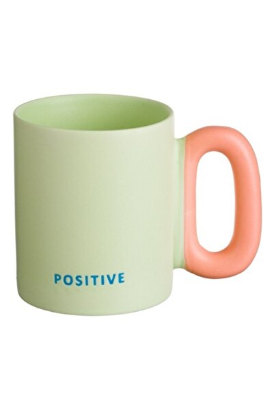 SHOPIENS Cană ceramică 360 ml verde pastel cu mâner portocaliu și mesaj pozitiv