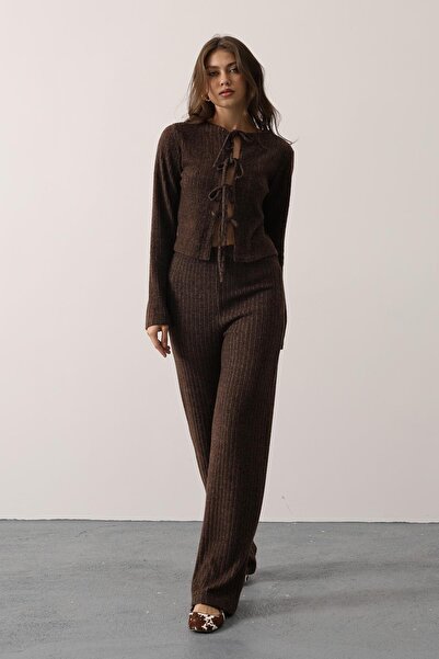 Le Savu Shilsee Women's Front Bowed Blouse Pants Soft Knitted Set Brown