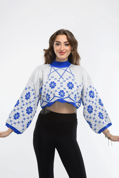 H&E LUXURY DESIGN Pulover crop tricotat cu model floral pentru femei