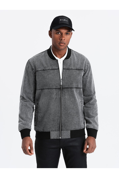 OMBRE Men's denim bomber jacket with stone wash effect - grey V1 OM-JADJ-0163 XL