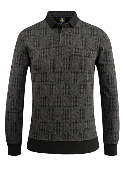 Çizgi Triko Men's Polo Neck Black Sweat Patterned Classic Fit with Pockets - 5231F