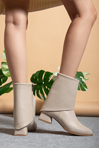 AYENDE MODA Ayende Store Women's Beige Cowboy Short Boots Comfortable Heel Zipper Detail Sparkle in November