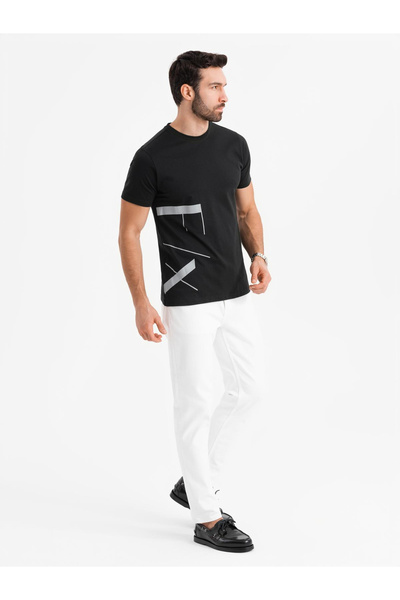 OMBRE Pánské bavlněné úpletové tričko s velkým bočním nápisem - černé V1 OM-TSPT-0213 S