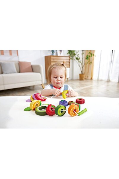 Hape Wooden Caterpillar Fruit Feast Set | 2 Caterpillars & 13 Fruit Pieces for Lacing & Threading St
