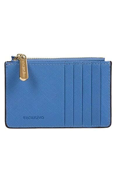 SHOPIENS Suport card albastru pentru carduri bancare cu fermoar metalic auriu, 8x12,5 cm, elegant și compact