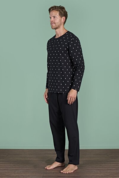 Pijadore Ανδρικό σετ πιτζάμες με μαύρο μακρυμάνικο μοτίβο με κουμπιά C9T2N91
