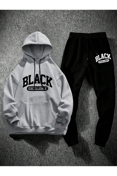 PAVRO Спортивний костюм Світшот Jogger - Oversize Шардоне чорний з принтом Капюшон